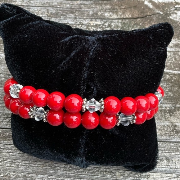 Hand Crafted Wrap Bracelet Bright Red Clear Crystals Black Pave Cross Coil - Picture 9 of 12